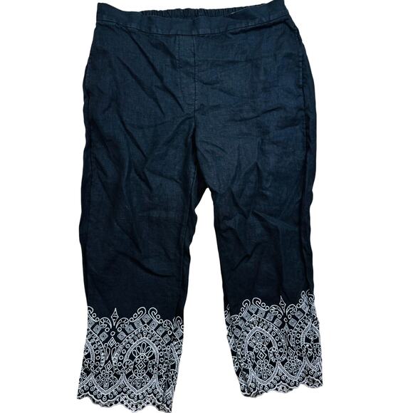 Chico's Pull On Embroidery Linen Crop Pants Black White Size 2 or U.S. 12 Resort - Picture 1 of 11
